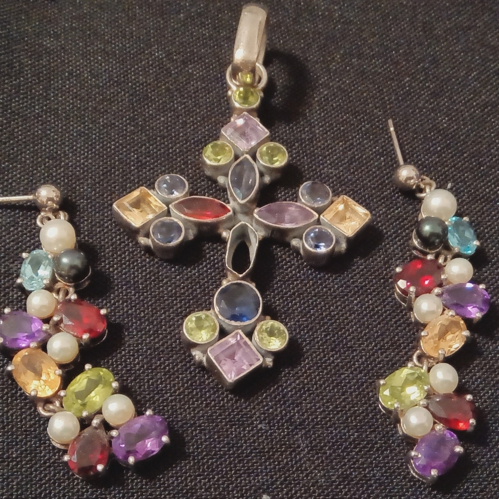 Sterling Gemstones Cross Pendant & Earrings